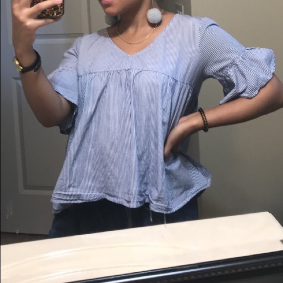 Blue/ White Striped Peplum Shirt - Picture 3 of 3